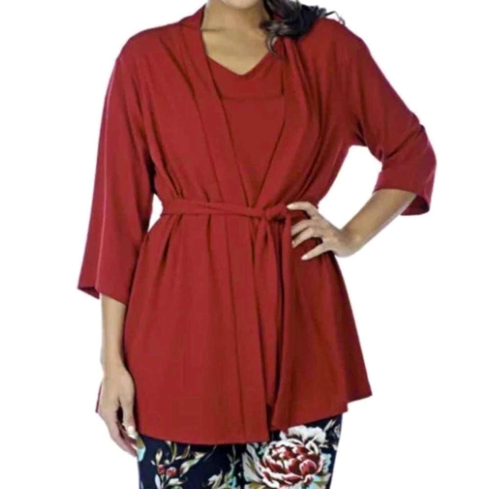 New Kim & Co Red Belted Lightweight Cardigan Top Size Large bin 3H